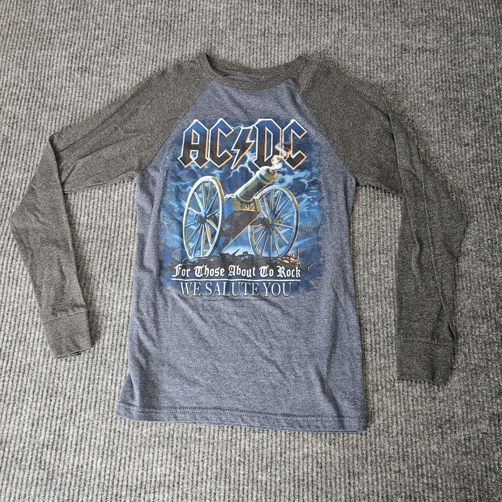 AC/DC For Those About To Rock Shirt Women Small Gray Long Sleeve Tee Liquid Blue